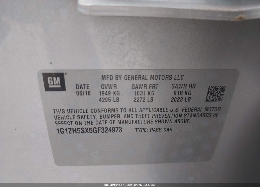 2016 CHEVROLET MALIBU PREMIER VIN: 1G1ZH5SX5GF324973