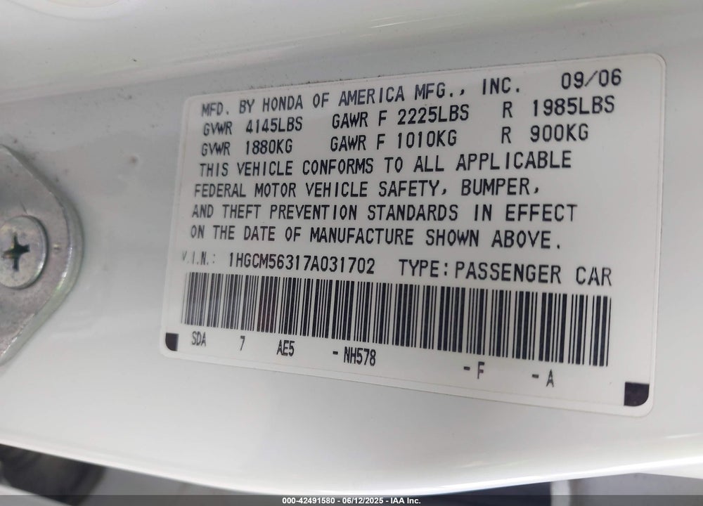 2007 HONDA ACCORD VIN: 1HGCM56317A031702