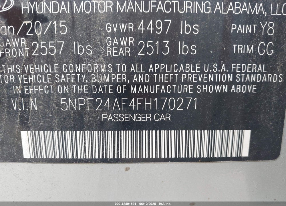 2015 HYUNDAI SONATA SE VIN: 5NPE24AF4FH170271