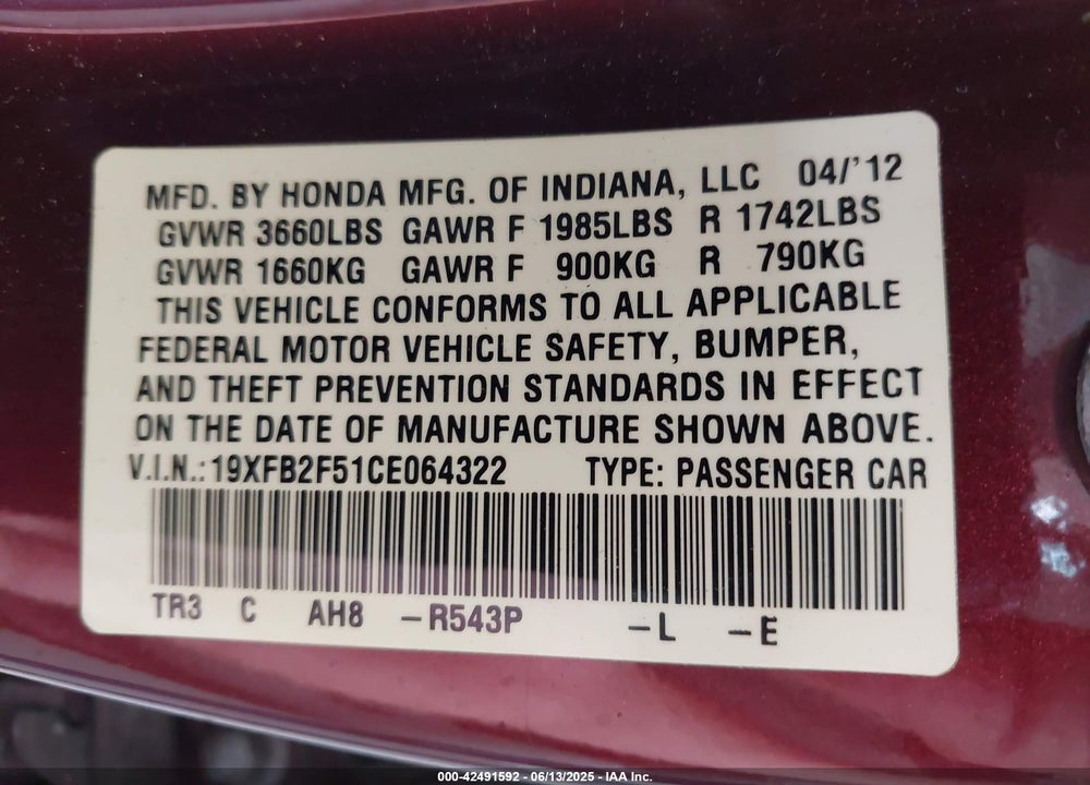 2012 HONDA CIVIC VIN: 19XFB2F51CE064322