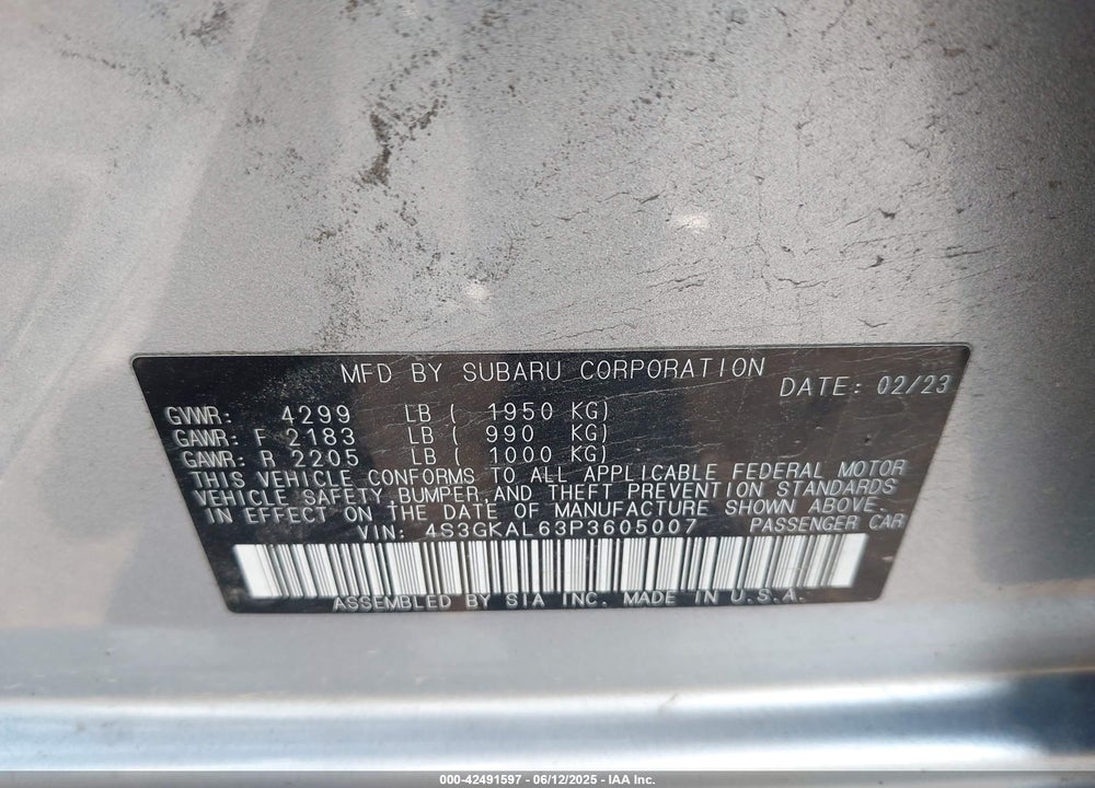 2023 SUBARU IMPREZA VIN: 4S3GKAL63P3605007