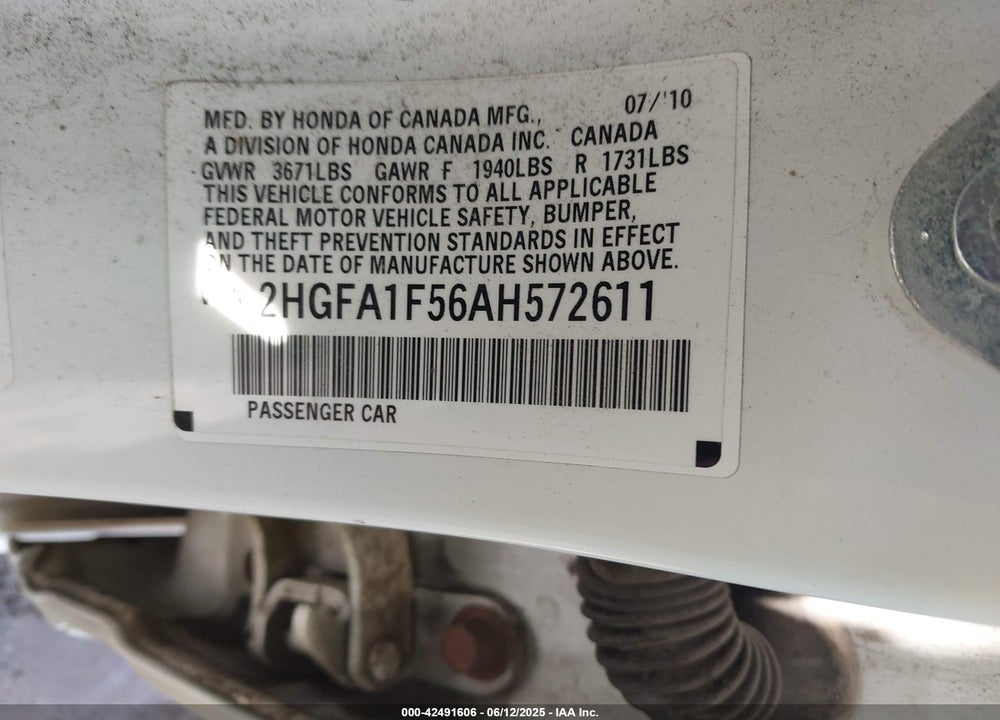 2010 HONDA CIVIC VIN: 2HGFA1F56AH572611