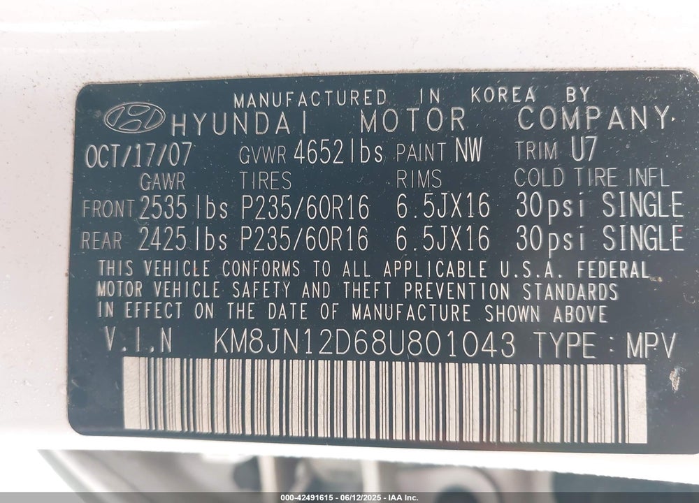 2008 HYUNDAI TUCSON VIN: KM8JN12D68U801043