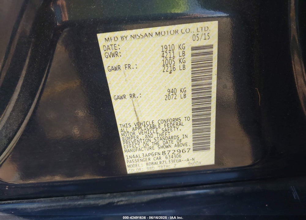 2015 NISSAN ALTIMA 2.5 SL VIN: 1N4AL3AP6FN872967