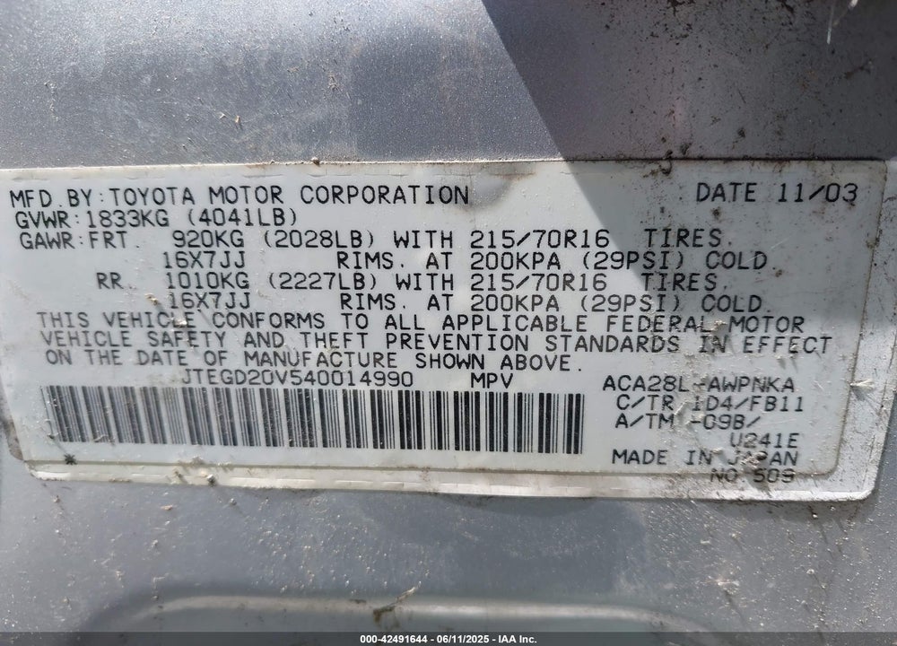 2004 TOYOTA RAV4 VIN: JTEGD20V540014990