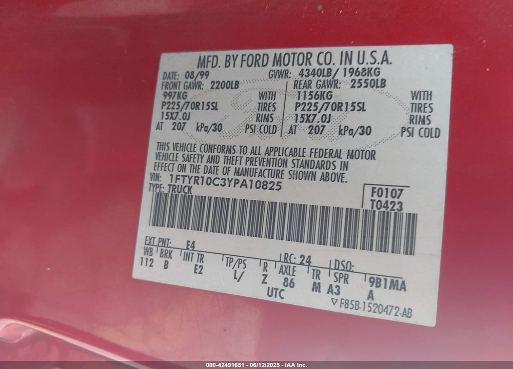 2000 FORD RANGER VIN: 1FTYR10C3YPA10825