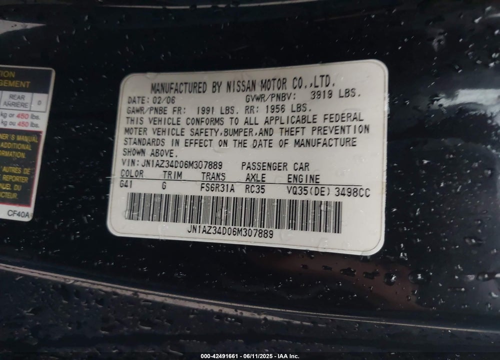 2006 NISSAN Z VIN: JN1AZ34D06M307889