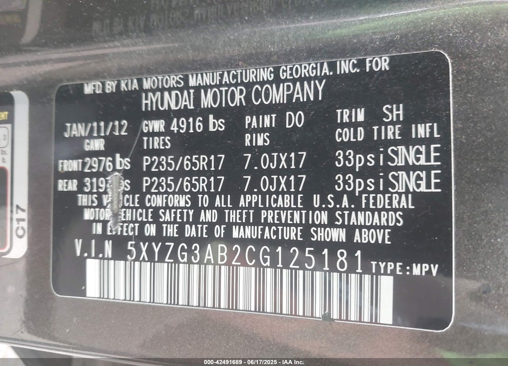 2012 HYUNDAI SANTA FE VIN: 5XYZG3AB2CG125181