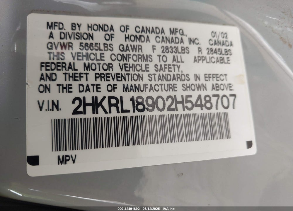 2002 HONDA ODYSSEY EX-L VIN: 2HKRL18902H548707