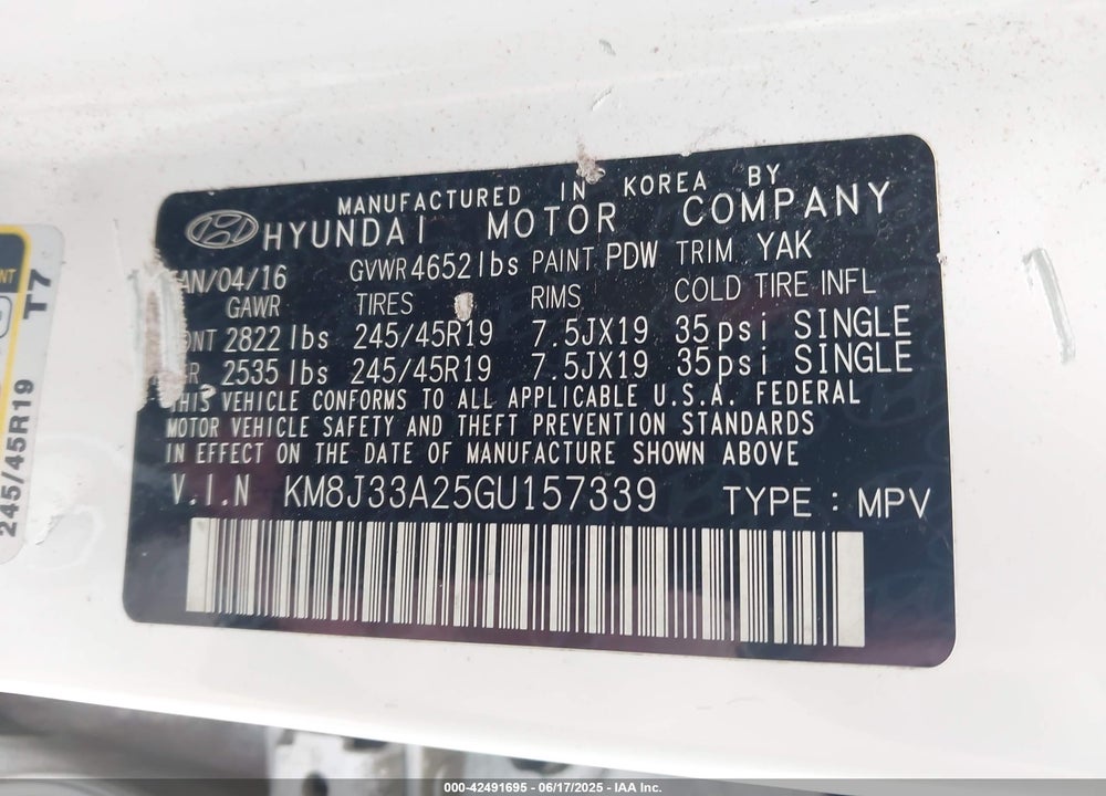 2016 HYUNDAI TUCSON VIN: KM8J33A25GU157339