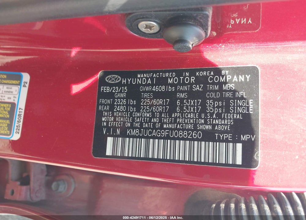 2015 HYUNDAI TUCSON VIN: KM8JUCAG9FU088260