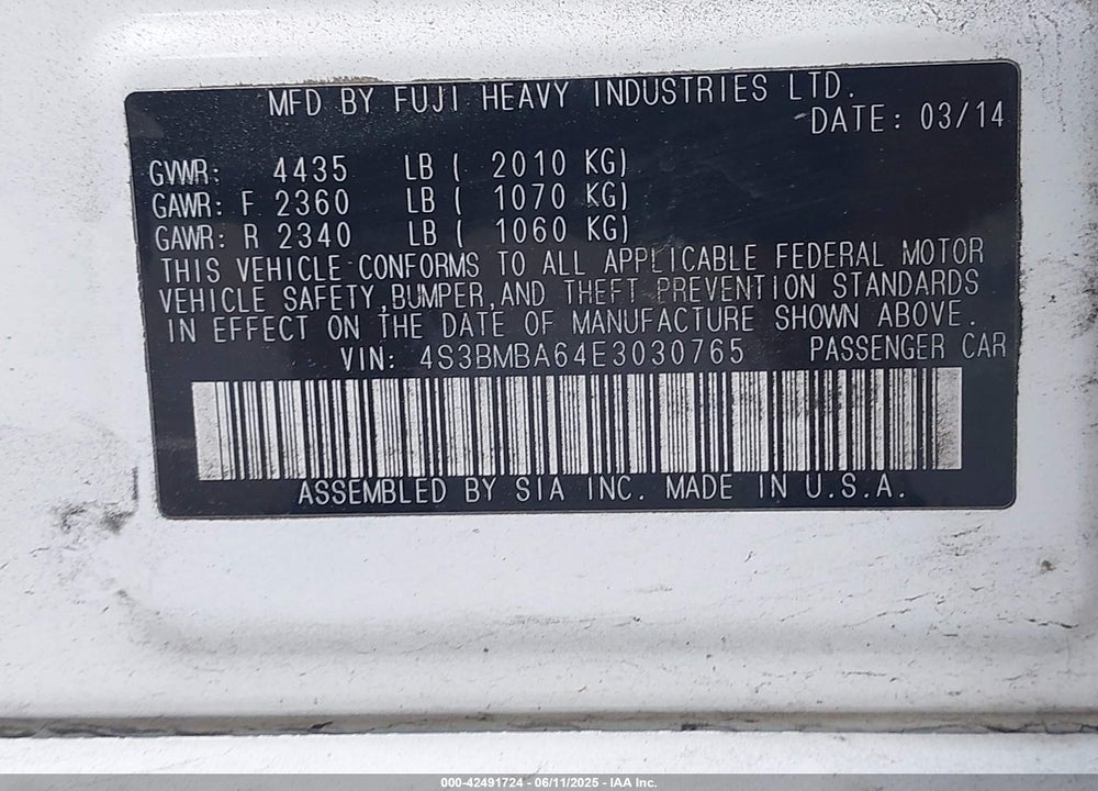 2014 SUBARU LEGACY VIN: 4S3BMBA64E3030765