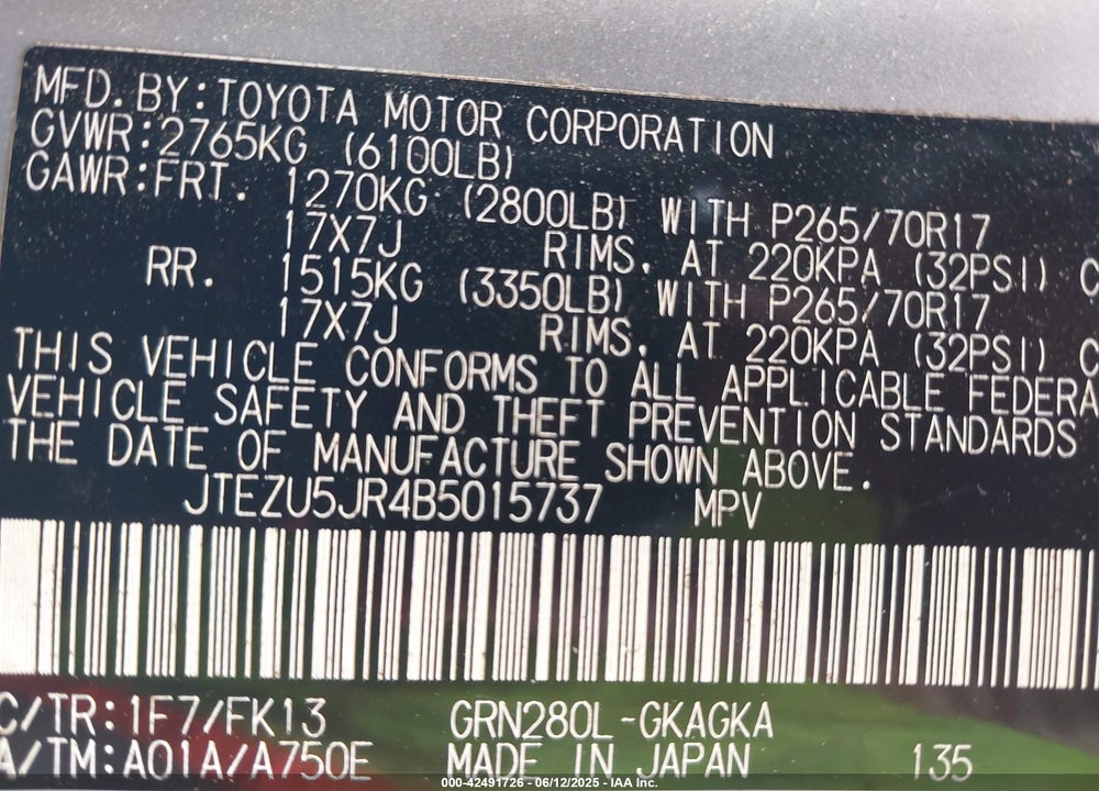 2011 TOYOTA 4RUNNER SR5 V6 VIN: JTEZU5JR4B5015737