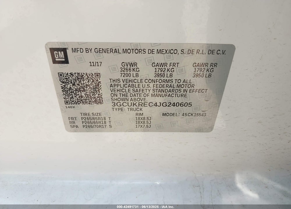 2018 CHEVROLET SILVERADO 1500 VIN: 3GCUKREC4JG240605