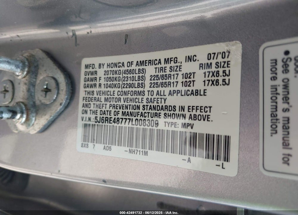 2007 HONDA CR-V VIN: 5J6RE48777L008309