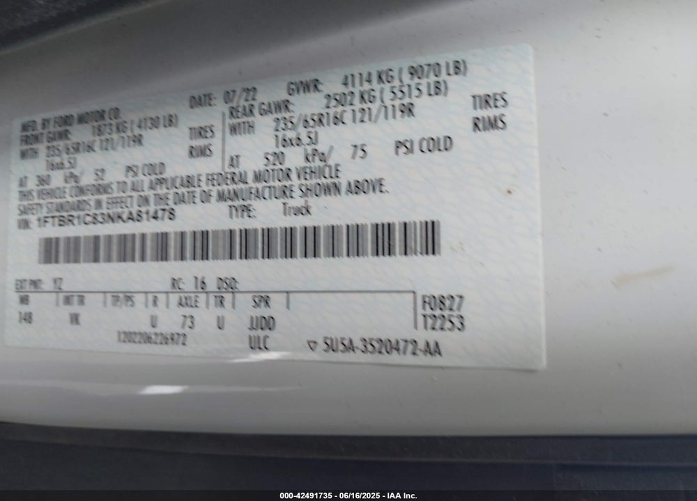 2022 FORD TRANSIT-250 VIN: 1FTBR1C83NKA81478