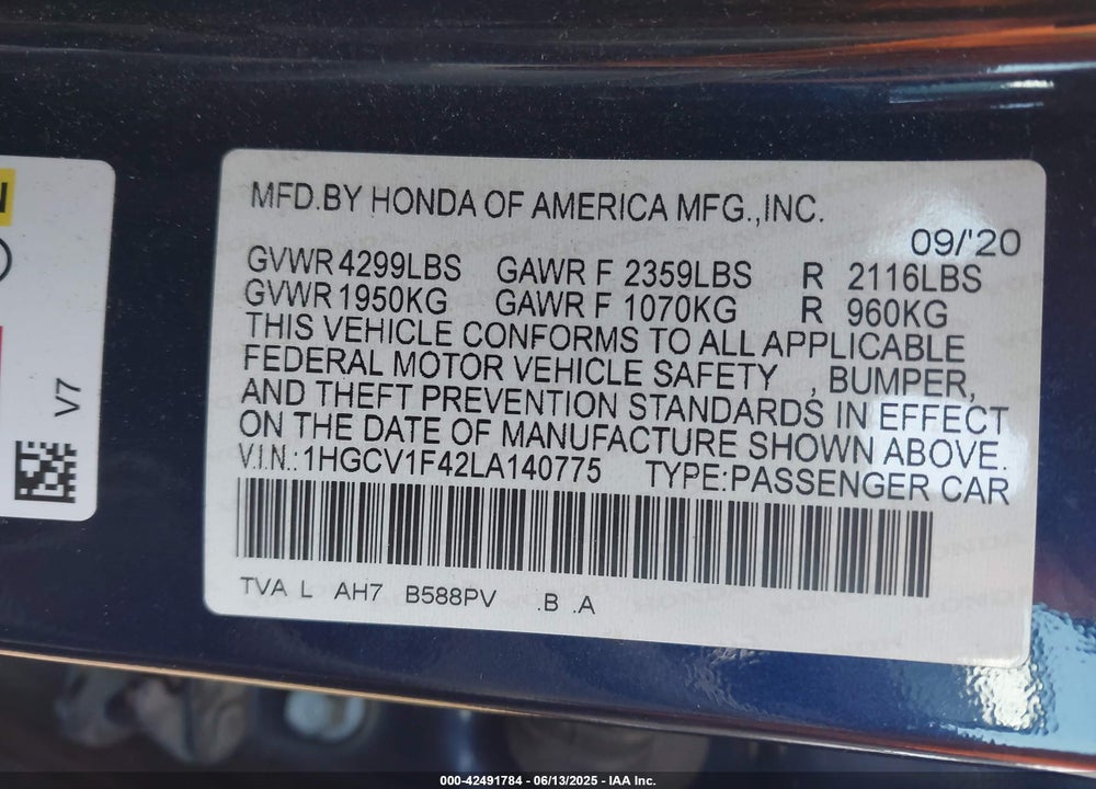 2020 HONDA ACCORD VIN: 1HGCV1F42LA140775