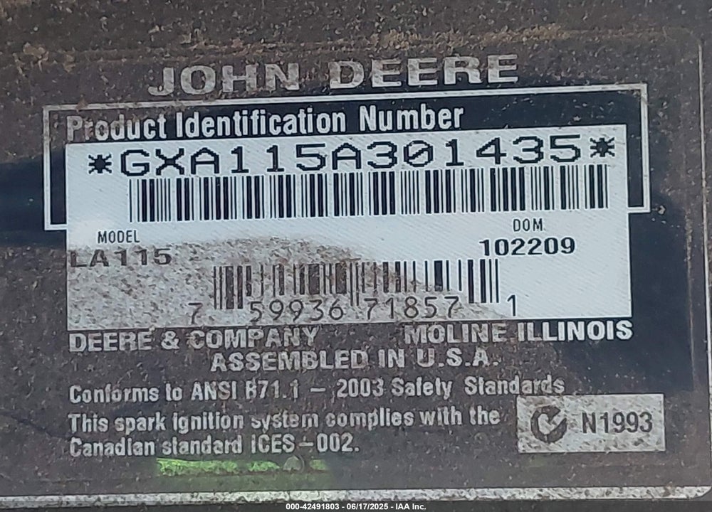 2010 JOHN DEER LA115 VIN: GYA115A301435
