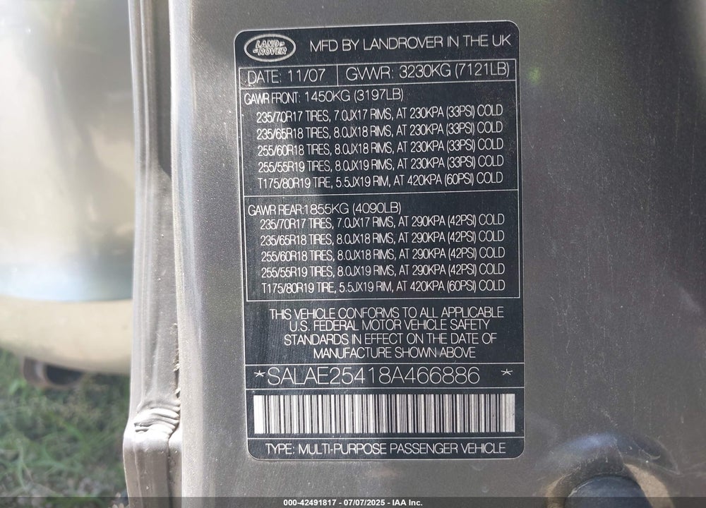 2008 LAND ROVER LR3 VIN: SALAE25418A466886