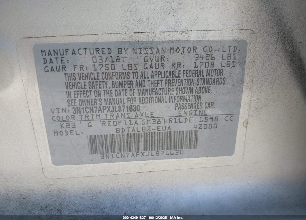 2018 NISSAN VERSA VIN: 3N1CN7APXJL871630