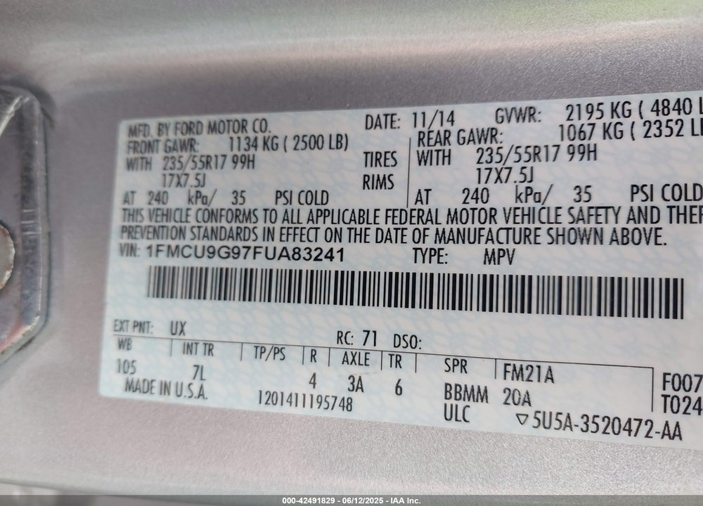 2015 FORD ESCAPE SE VIN: 1FMCU9G97FUA83241