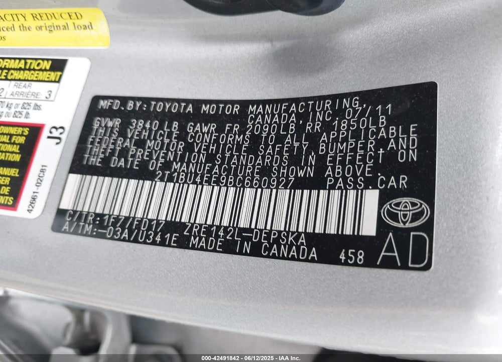 2011 TOYOTA COROLLA VIN: 2T1BU4EE9BC660927