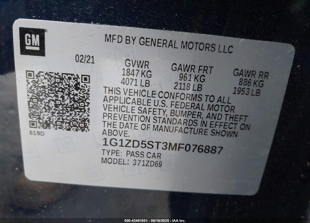 2021 CHEVROLET MALIBU VIN: 1G1ZD5ST3MF076887