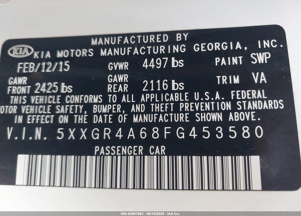 2015 KIA OPTIMA SX TURBO VIN: 5XXGR4A68FG453580