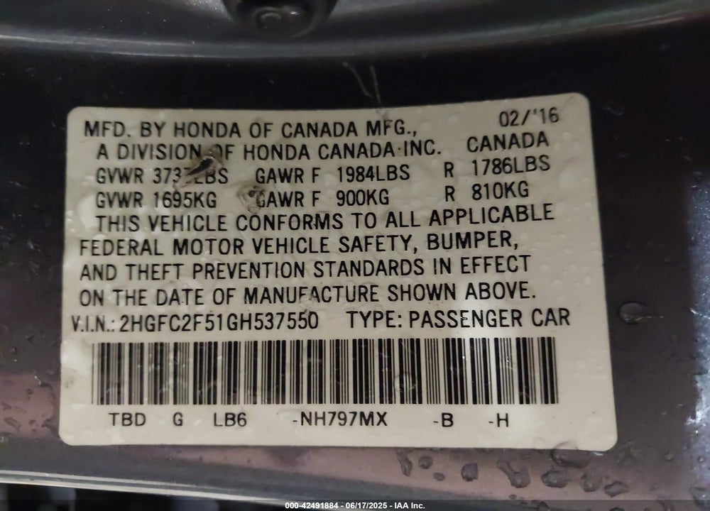 2016 HONDA CIVIC LX VIN: 2HGFC2F51GH537550
