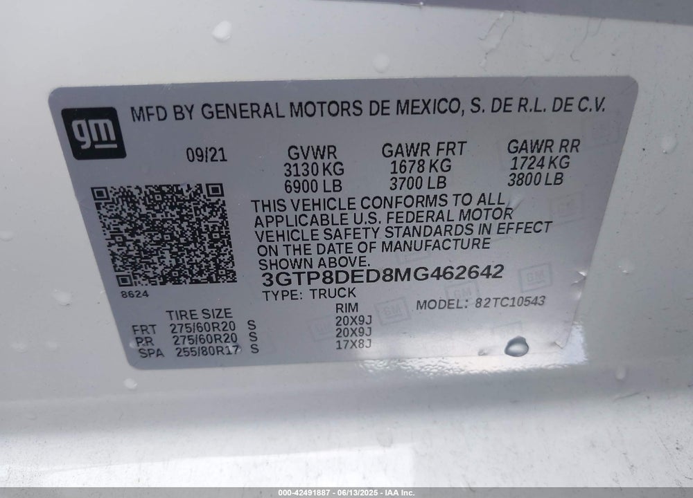 2021 GMC SIERRA 1500 VIN: 3GTP8DED8MG462642