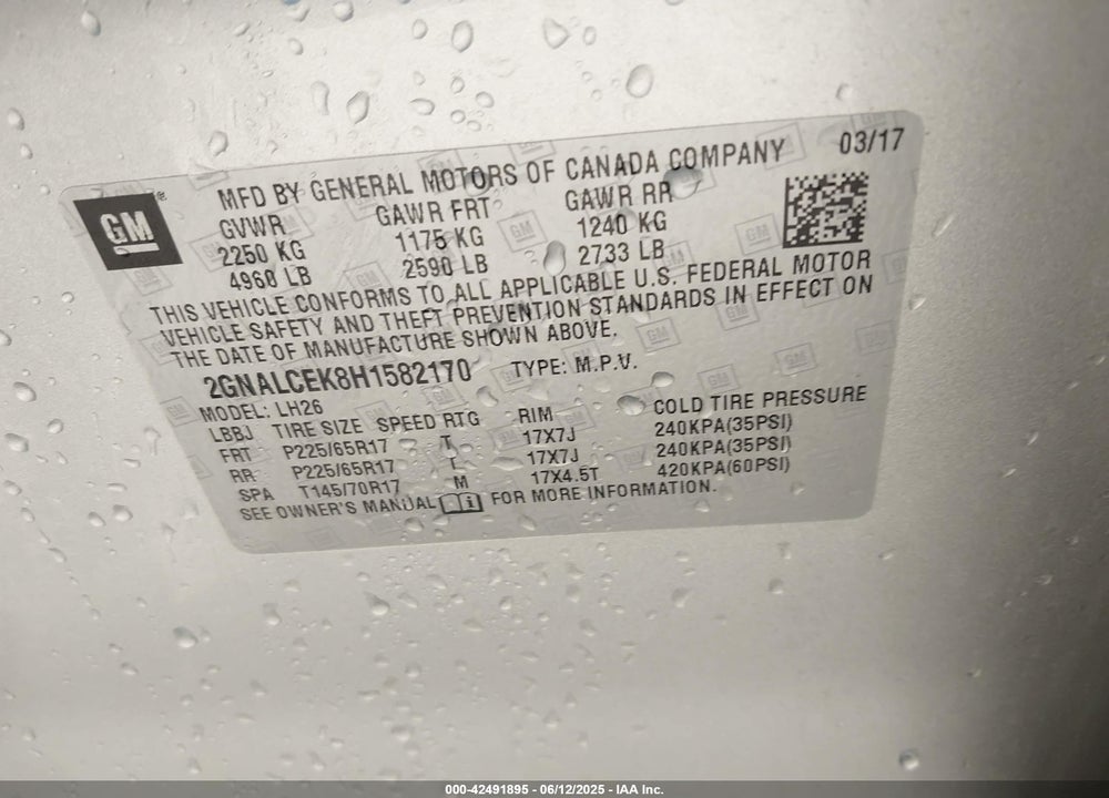2017 CHEVROLET EQUINOX VIN: 2GNALCEK8H1582170