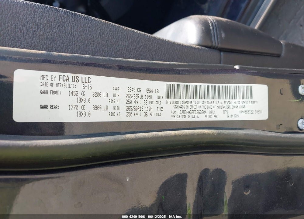 2015 DODGE DURANGO VIN: 1C4RDHAG7FC869904