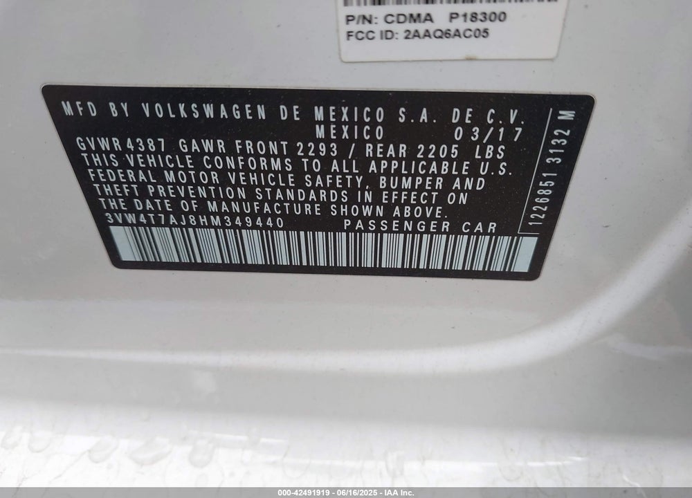 2017 VOLKSWAGEN JETTA VIN: 3VW4T7AJ8HM349440