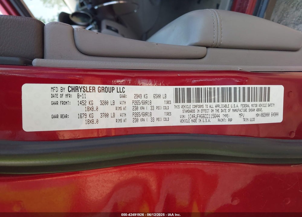 2012 JEEP GRAND CHEROKEE VIN: 1C4RJFAG6CC115644