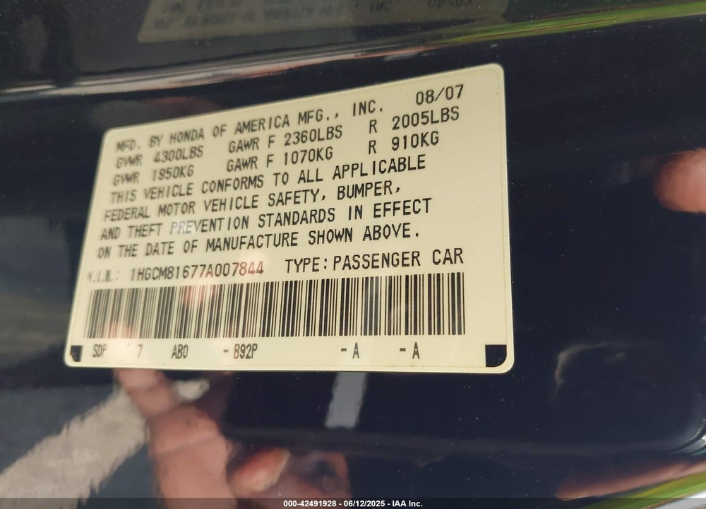 2007 HONDA ACCORD 3.0 EX VIN: 1HGCM81677A007844