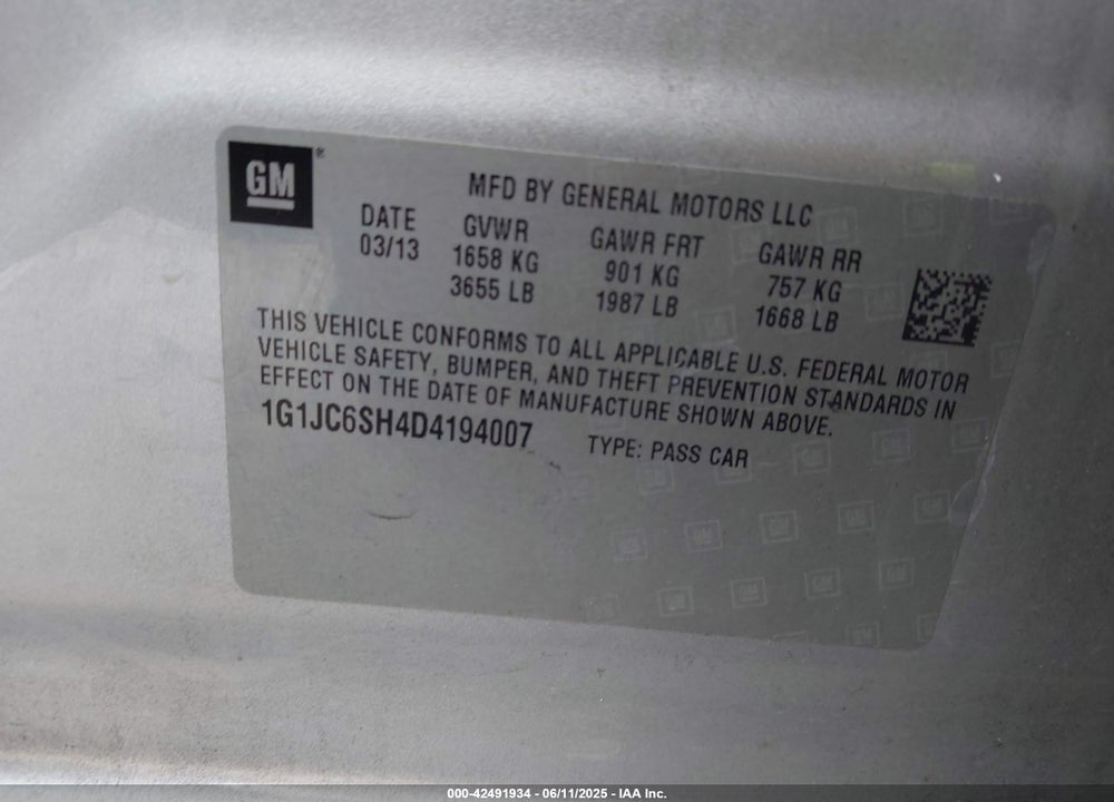2013 CHEVROLET SONIC VIN: 1G1JC6SH4D4194007