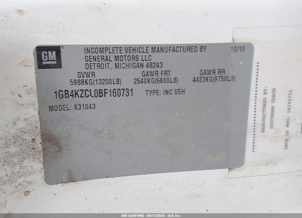 2011 CHEVROLET SILVERADO 3500HD CHASSIS VIN: 1GB4KZCL0BF160731