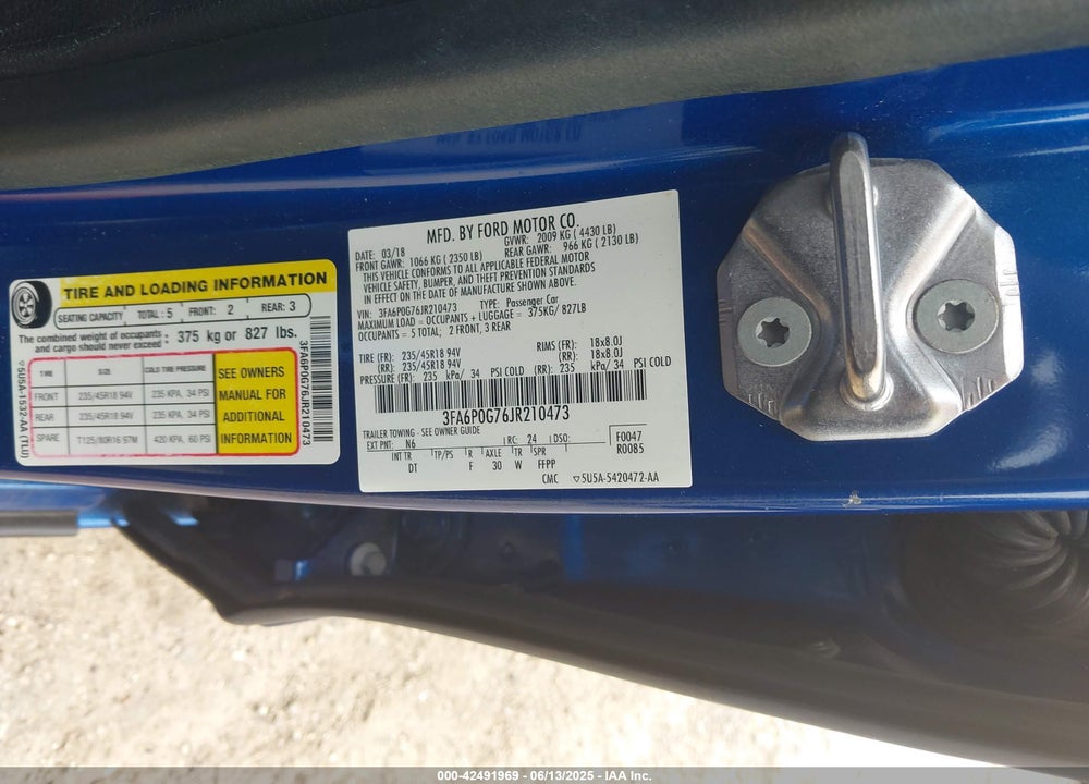 2018 FORD FUSION VIN: 3FA6P0G76JR210473