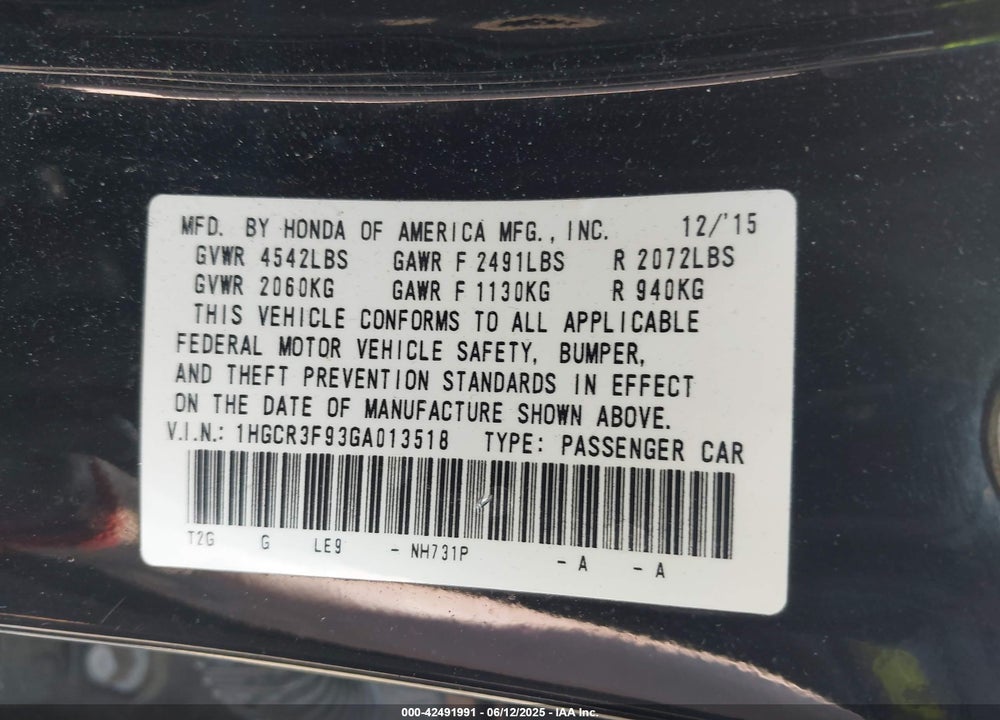 2016 HONDA ACCORD VIN: 1HGCR3F93GA013518