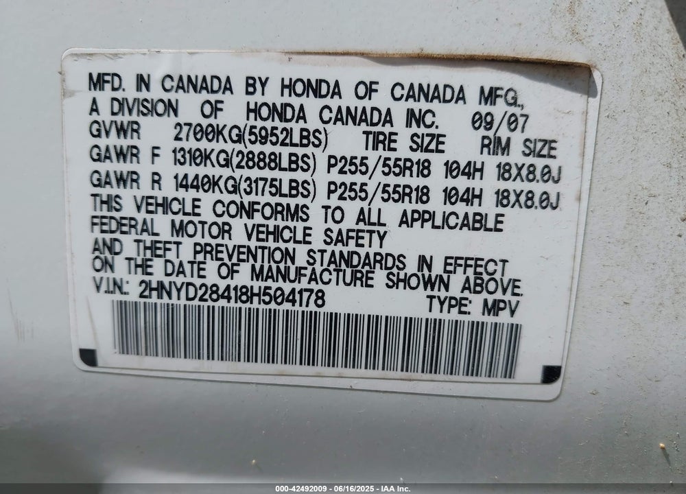 2008 ACURA MDX TECHNOLOGY PACKAGE VIN: 2HNYD28418H504178
