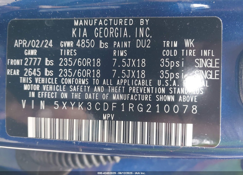 2024 KIA SPORTAGE VIN: 5XYK3CDF1RG210078