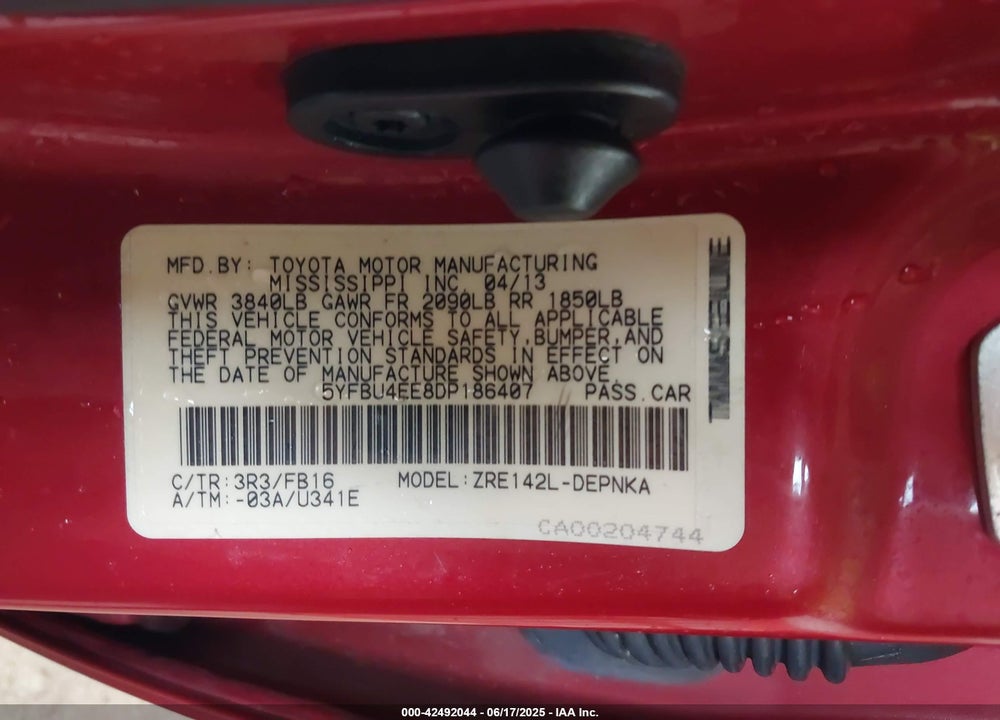 2013 TOYOTA COROLLA VIN: 5YFBU4EE8DP186407