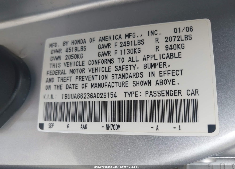 2006 ACURA TL VIN: 19UUA66236A026154