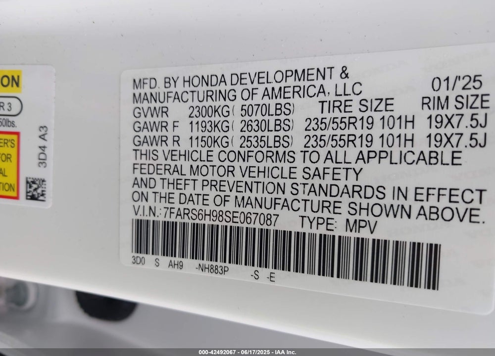 2025 HONDA CR-V HYBRID VIN: 7FARS6H98SE067087