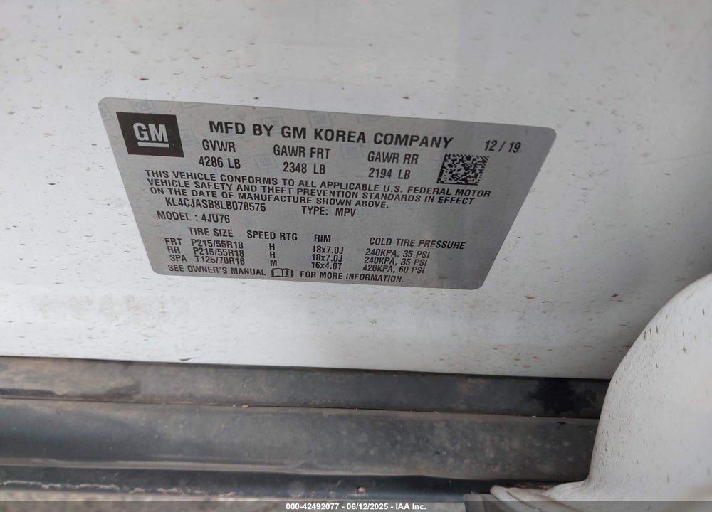 2020 BUICK ENCORE VIN: KL4CJASB8LB078575