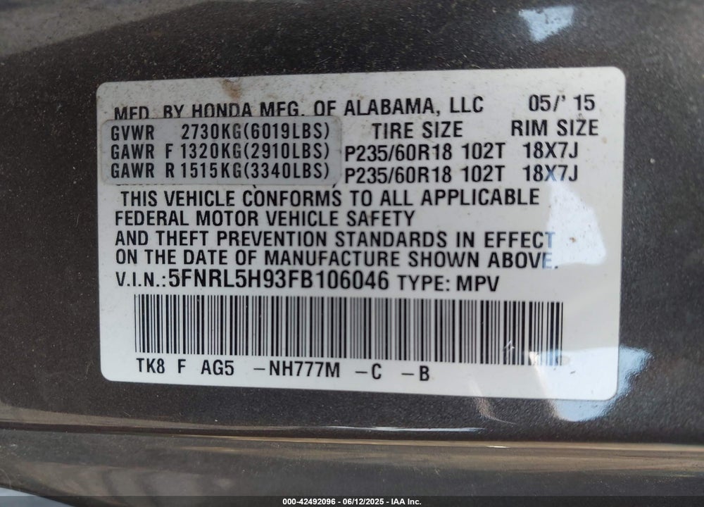 2015 HONDA ODYSSEY TOURING/TOURING ELITE VIN: 5FNRL5H93FB106046