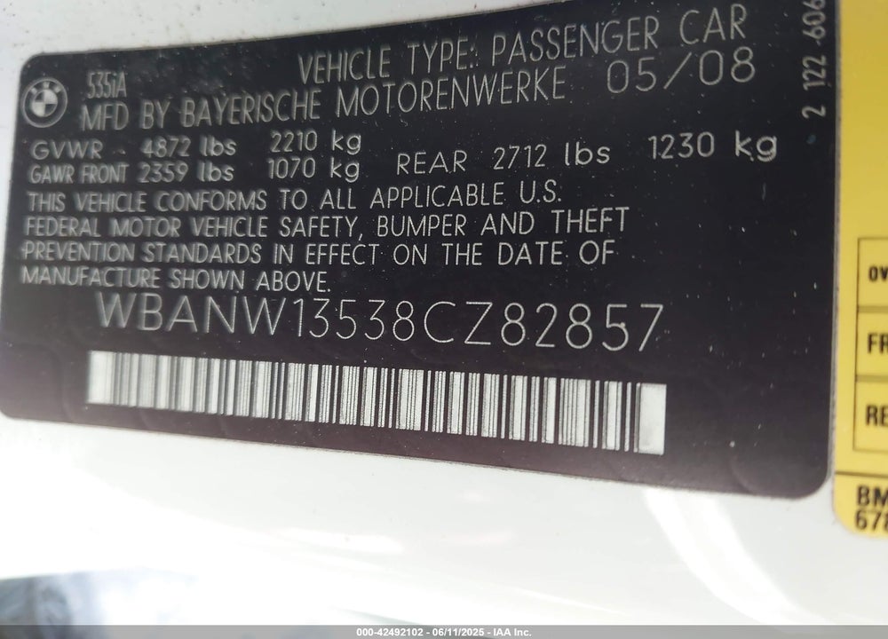 2008 BMW 5 SERIES VIN: WBANW13538CZ82857