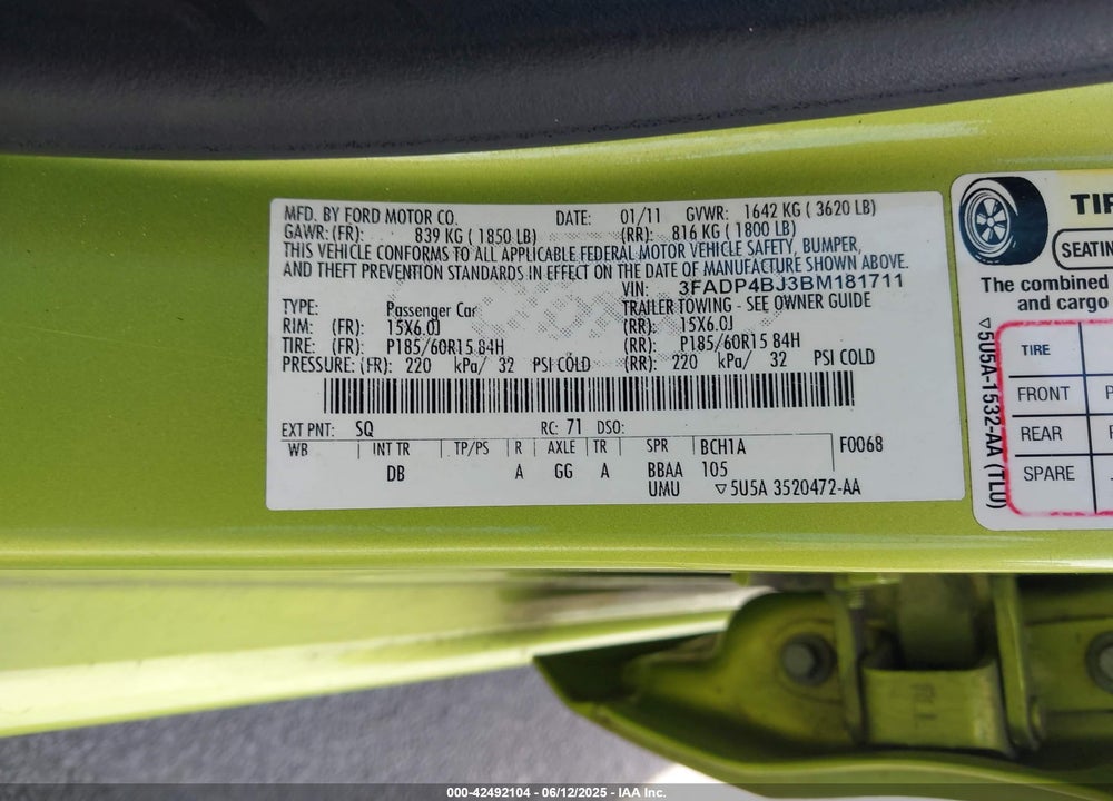 2011 FORD FIESTA SE VIN: 3FADP4BJ3BM181711