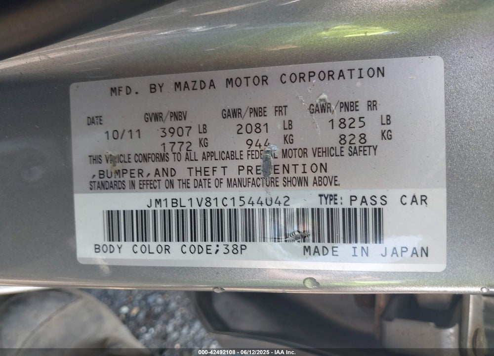 2012 MAZDA 3 VIN: JM1BL1V81C1544042