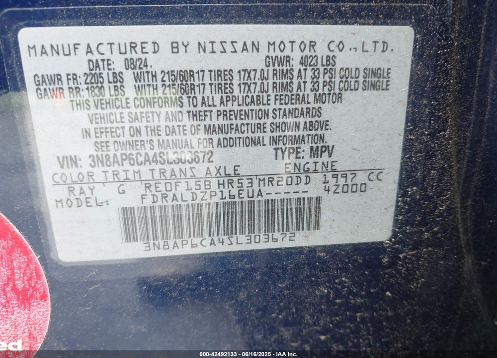 2025 NISSAN KICKS VIN: 3N8AP6CA4SL303672